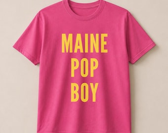 Maine Pop Boy Graphic T Shirt, Pink Tee, Yellow Lettering, Bold Typography, Novelty Top