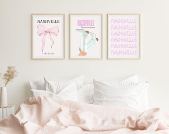 Nashville-kunstprints: roze strik, cowboylaars, typografie (digitale downloadset van 3)