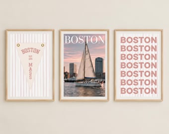 Boston Wall Art Set of 3, Neutral Printable Art, Dorm Room Decor, Digital Download