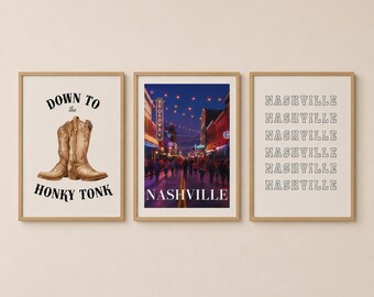 Nashville Wall Art Set: Cowboy Boots, Honky Tonk, Music City (Digital Download)