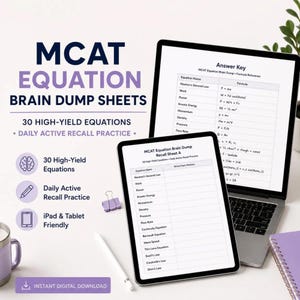 Feuille d'équations MCAT, étude de rappel actif, 30 équations à haut rendement, Premed Goodnotes (téléchargement PDF)