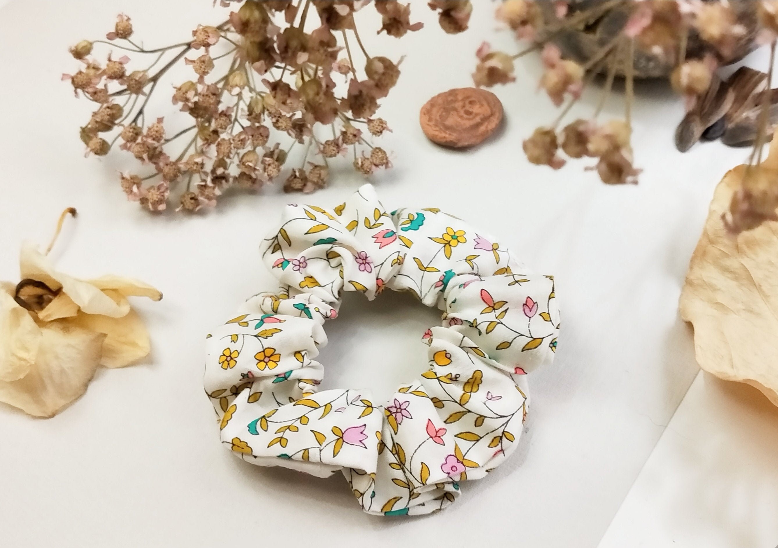 Liberty Print Scrunchie, Made by Hand Paris, Cotton White Blue, Hair