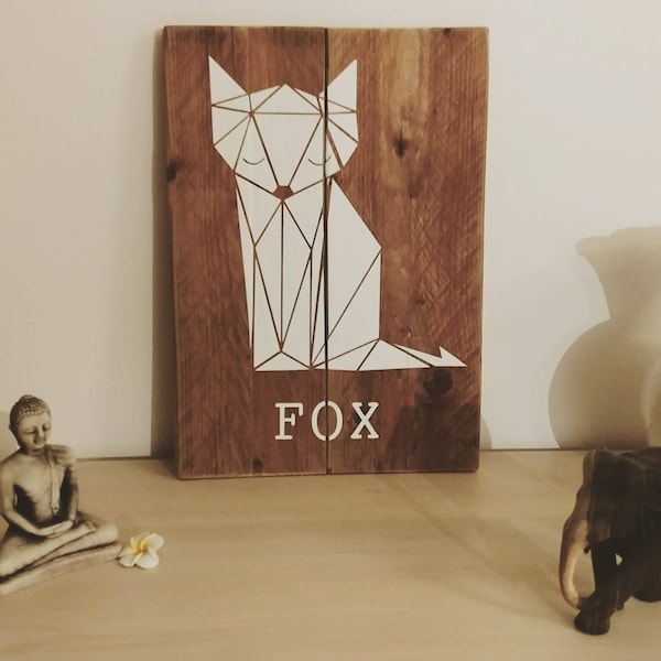 Tableau animal, tableau géométrique, tableau bois , renard, fox,décoration murale, origami