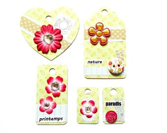set of 5 tags embellishments scrapbooking done hand Z45