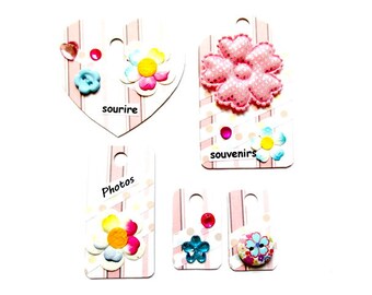 set of 5 tags embellishments scrapbooking done hand Z46