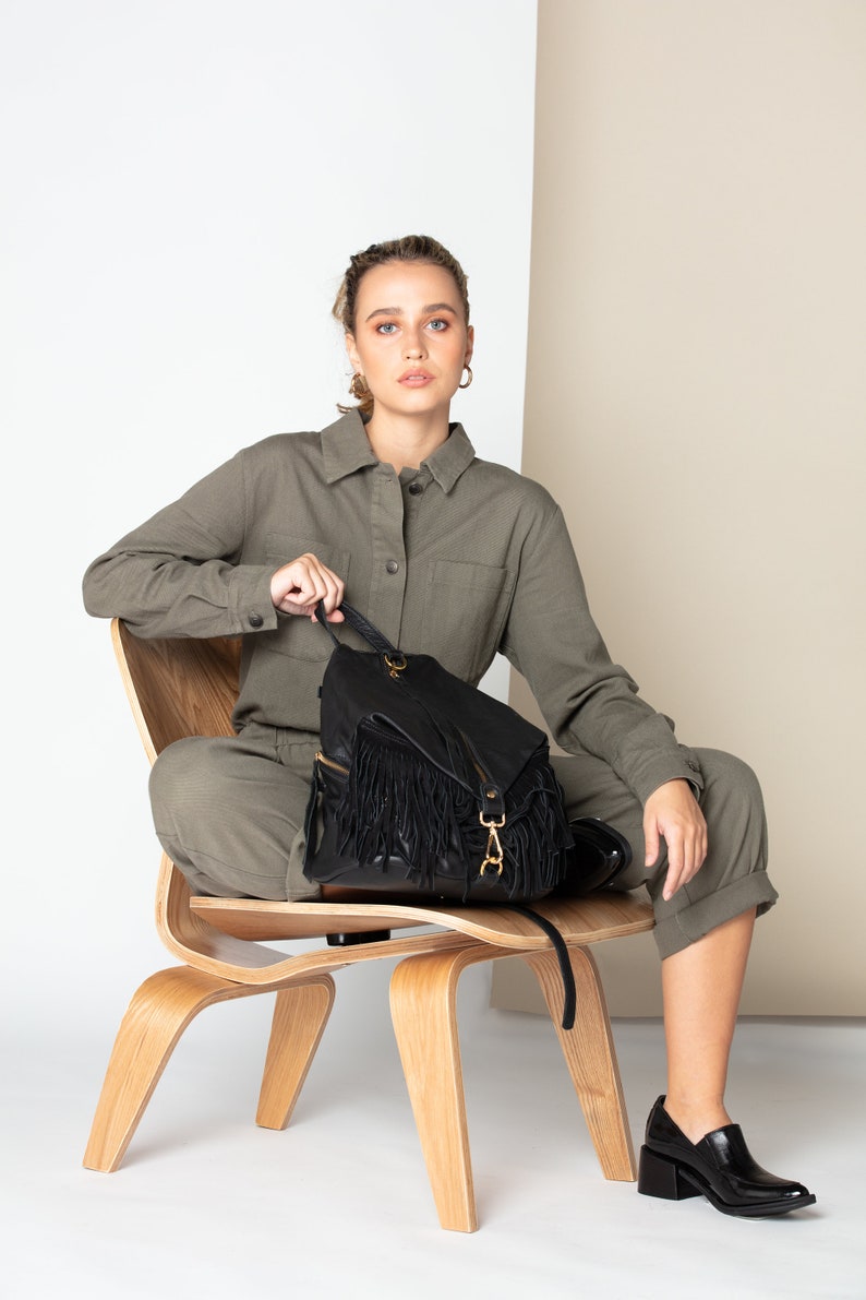 Fringe leather backpack purse Woman Black leather backpack Etsy