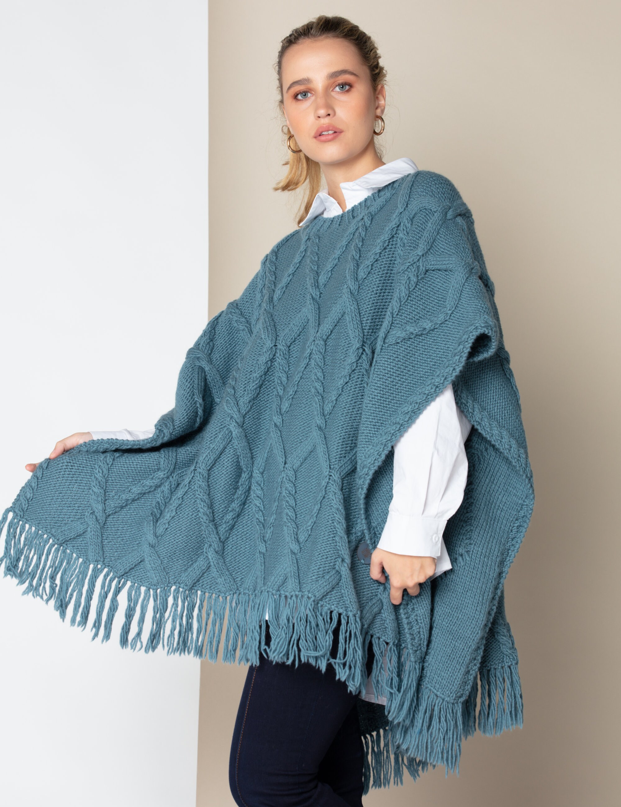 Irish Cable Knit Poncho Woman Merino Wool Ruana Wrap Knitwear Etsy