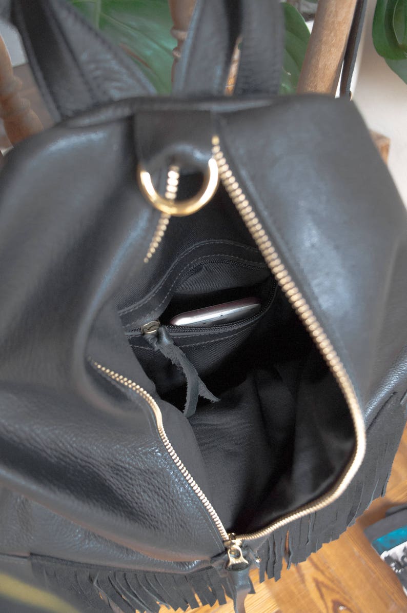 Fringe leather backpack purse Woman Black leather backpack Etsy