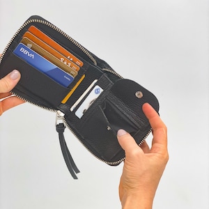 Mini black leather wallet with zipper Handmade wallet Woman gift