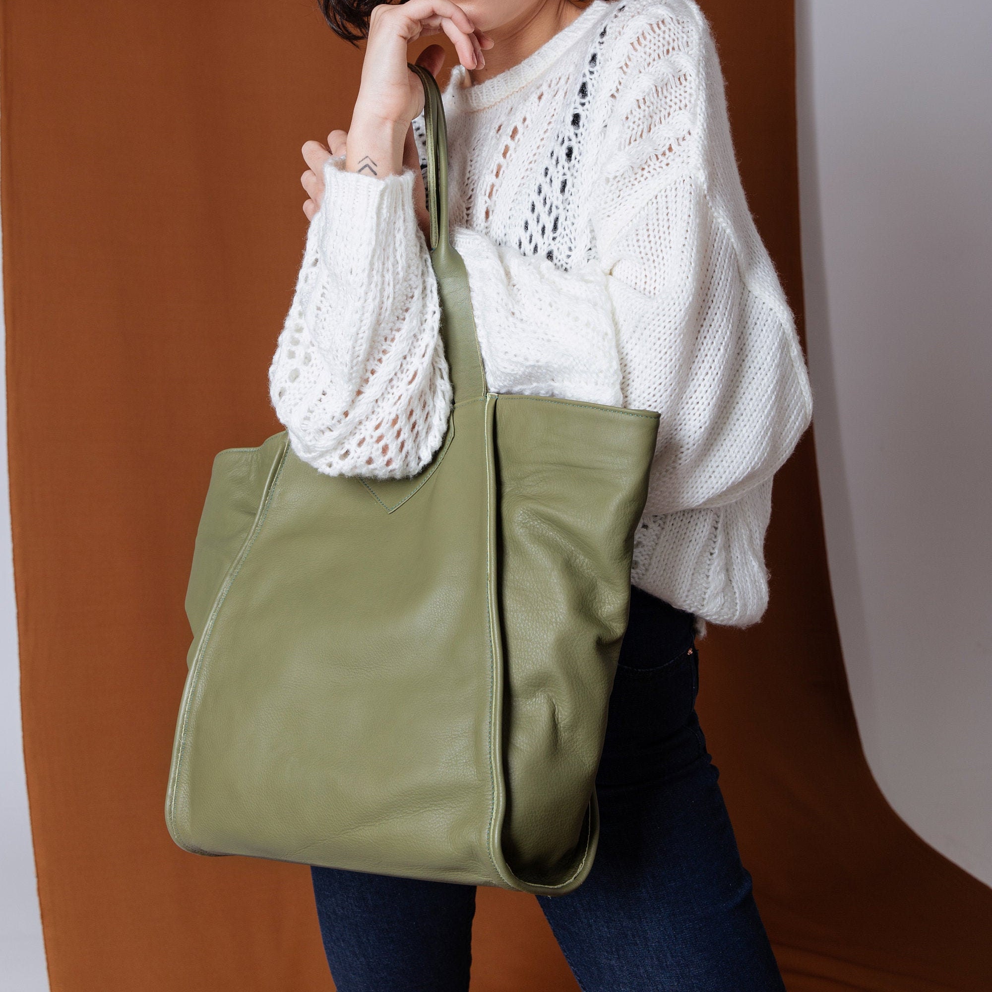 Leather tote handbag women Olive Green soft distressed large | Etsy