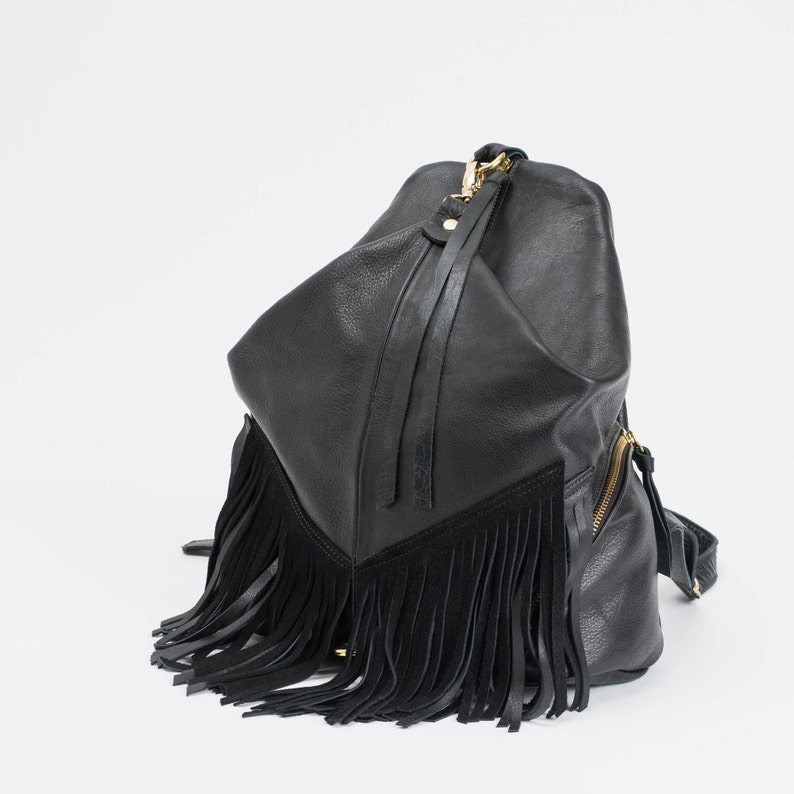 Fringe leather backpack purse Woman Black leather backpack Etsy