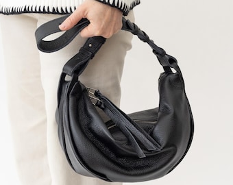 Leather Sling Bag Hobo Crossbody Soft Full Grain Napa Leather Banana Bag