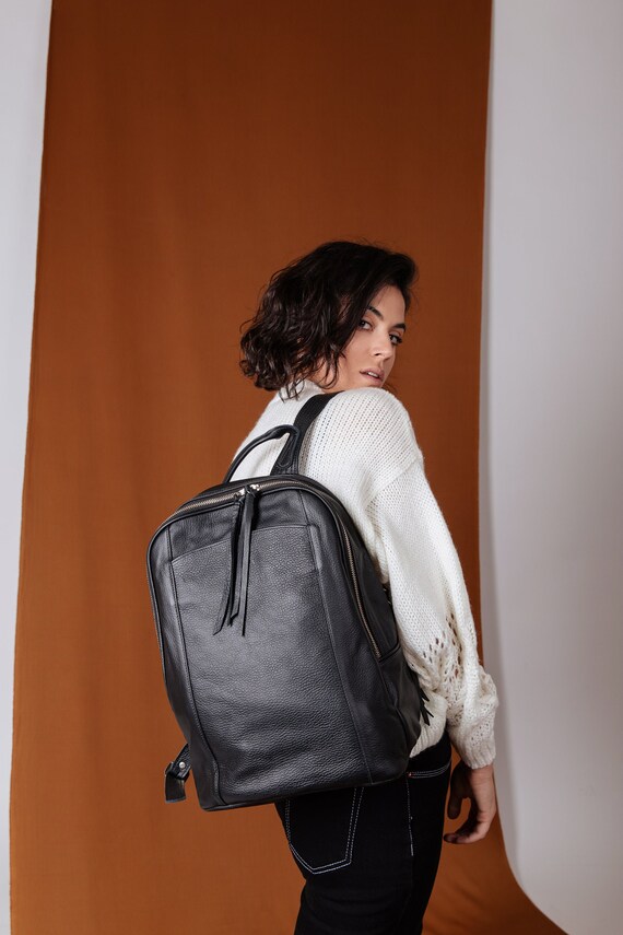 etsy black leather backpack
