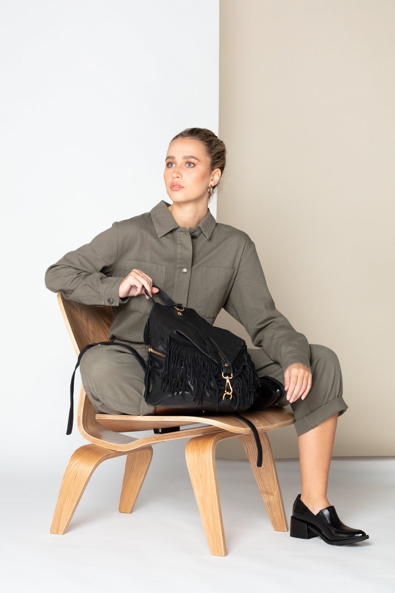 Fringe leather backpack purse Woman Black leather backpack Etsy