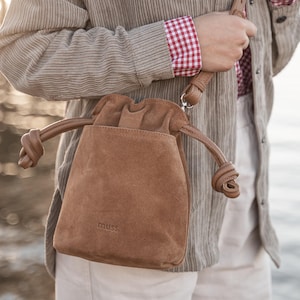 Camel Brown Suede Bucket Bag | Drawstring Crossbody Handbag | Minimalist Leather Purse | Trendy Small Bag | Earth Tone Accessories