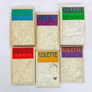 May include: A collection of six vintage books by Colette, each with a different colored title banner. The book covers feature line drawings of figures and scenes. Titles include "The Tender Shoot," "Mibou and Music Hall Sidelights," and "The Complete Claudine."