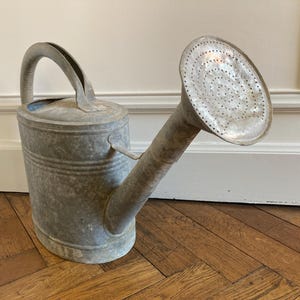 May include: A vintage galvanised metal watering can with a curved handle and a perforated spout. The can has a cylindrical body with horizontal ridges and a spout extending from the top. Ideal for watering plants in the garden.