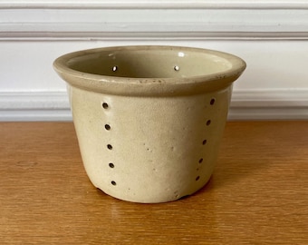 Faisselle on a stoneware stand, large model, antique French cream, vintage grey cheese strainer