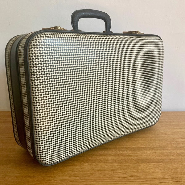 French old gingham cardboard suitcase vintage green cardboard gingham suitcase