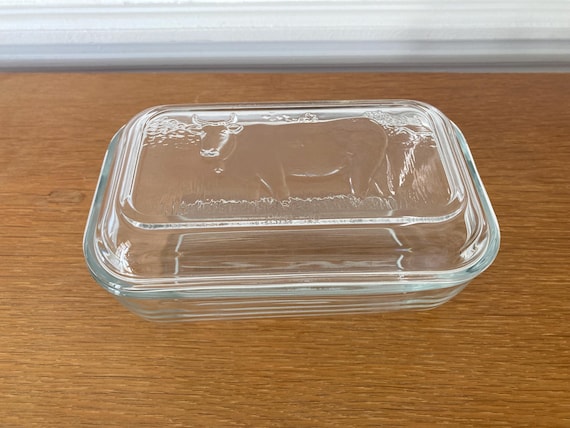 Beurrier verre motif vache ancien French vintage butter dish ramekin glass