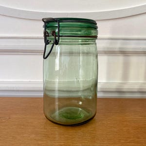 L'IDEALE jar, antique French vintage glass, L'IDEALE green glass jar