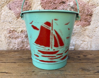 Seau de plage métal lithographie ancien French vintage Lithograph metal beach bucket