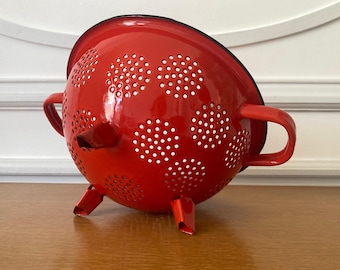 Vintage French red enameled 3-legged colander