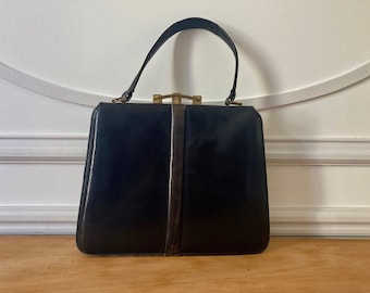 Sac à main noir cuir serrure laiton ancien French vintage leather handbag purse