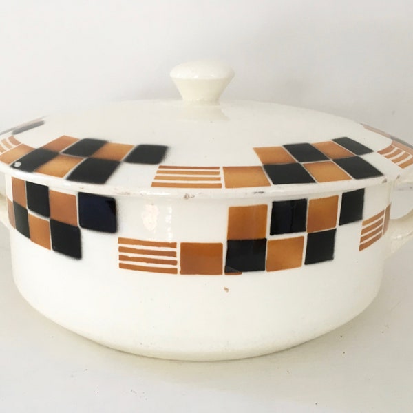 Soupière Badonviller faïence motifs orange et noir French vintage Badonviller earthenware Tureen orange and black