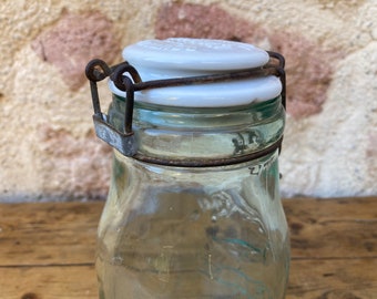 Bocal L'Idéale verre ancien couvercle faïence French vintage L'IDEALE green glass jar