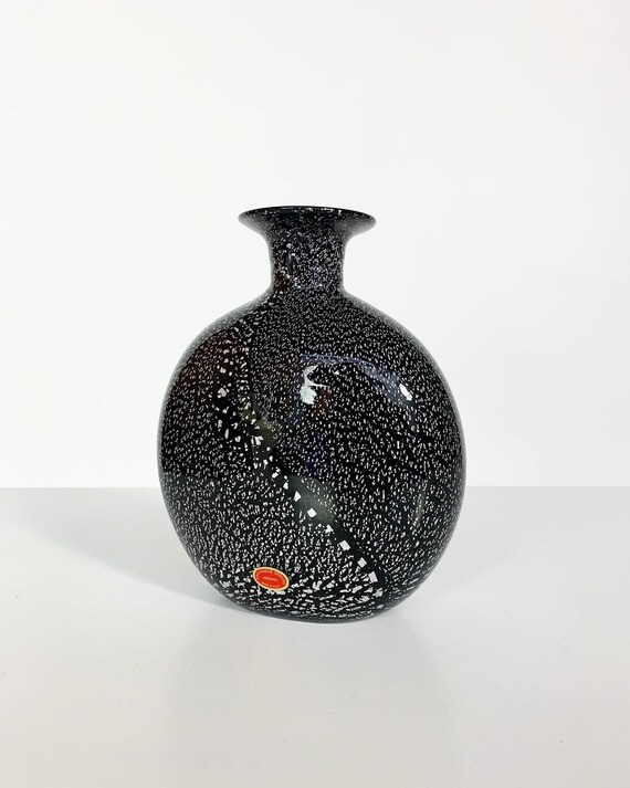 Archimede Seguso Vase Schwarzes Glas Silberflecks Mid Century Murano Glas 1970er Jahre