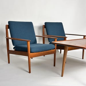 Pair of Grete Jalk Lounge Chairs Teak P Jeppesen 1960s Dedar Fabric Upholstery