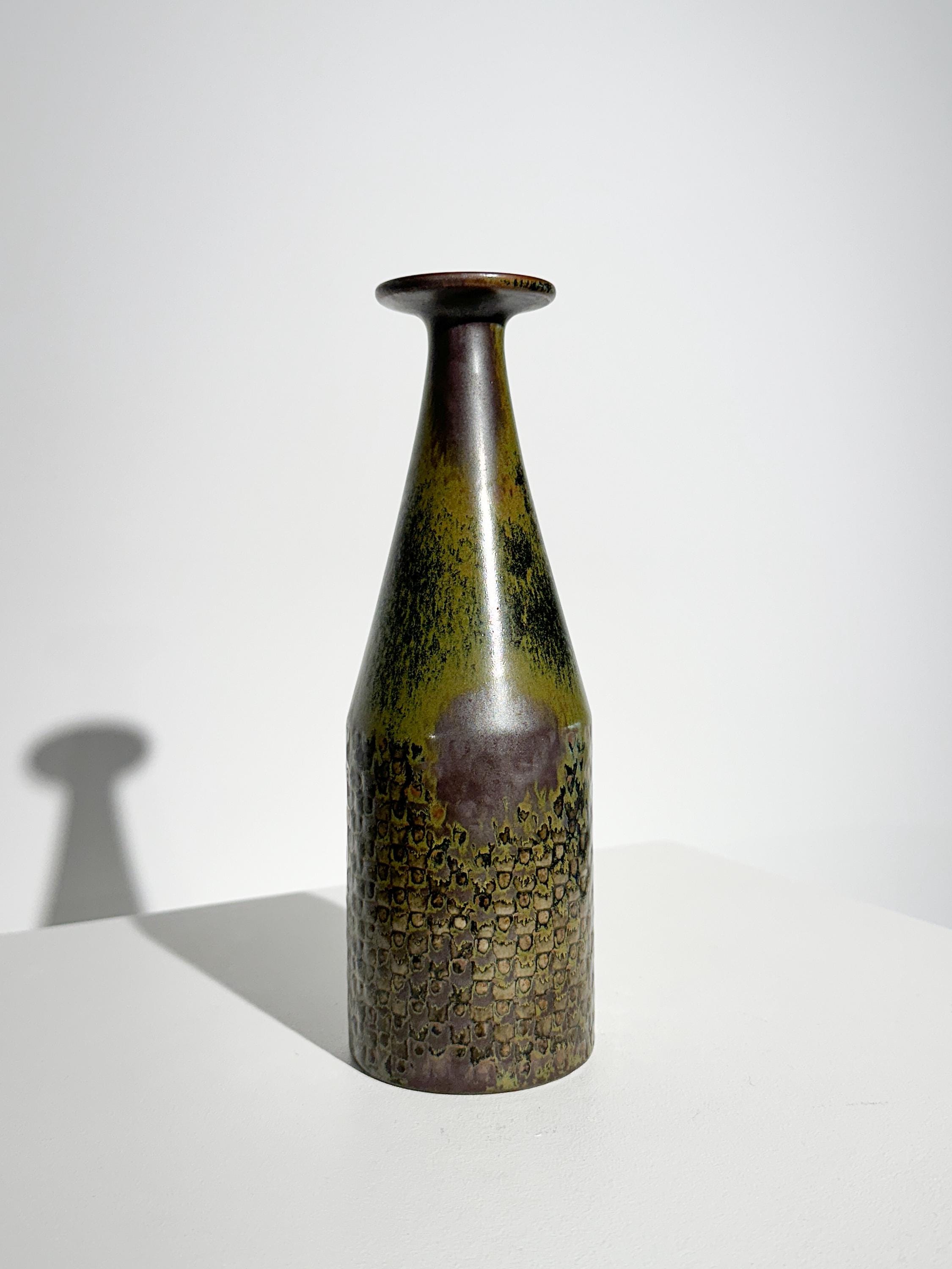 Stig Lindberg Vase Gustavsberg Stoneware Blue Glaze Relief Pattern 1958 Sweden