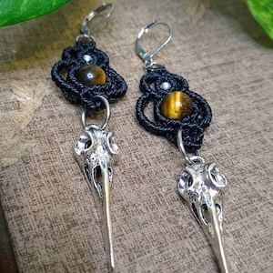 Tigers eye macrame earrings with skull charms
