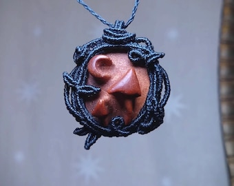 Mushroom and moon carved avocado seed micro macrame pendant