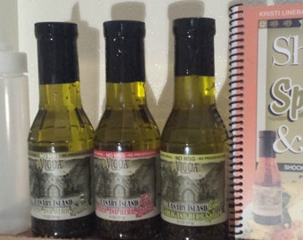 Super infused EVOO 3 Pack, Dispenser & Cookbook, low acidity extra virgin olive oil gifts
