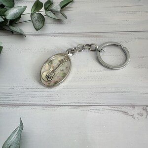 Handmade Electric Guitar Keychain: Silver Leaf Resin Key Fob