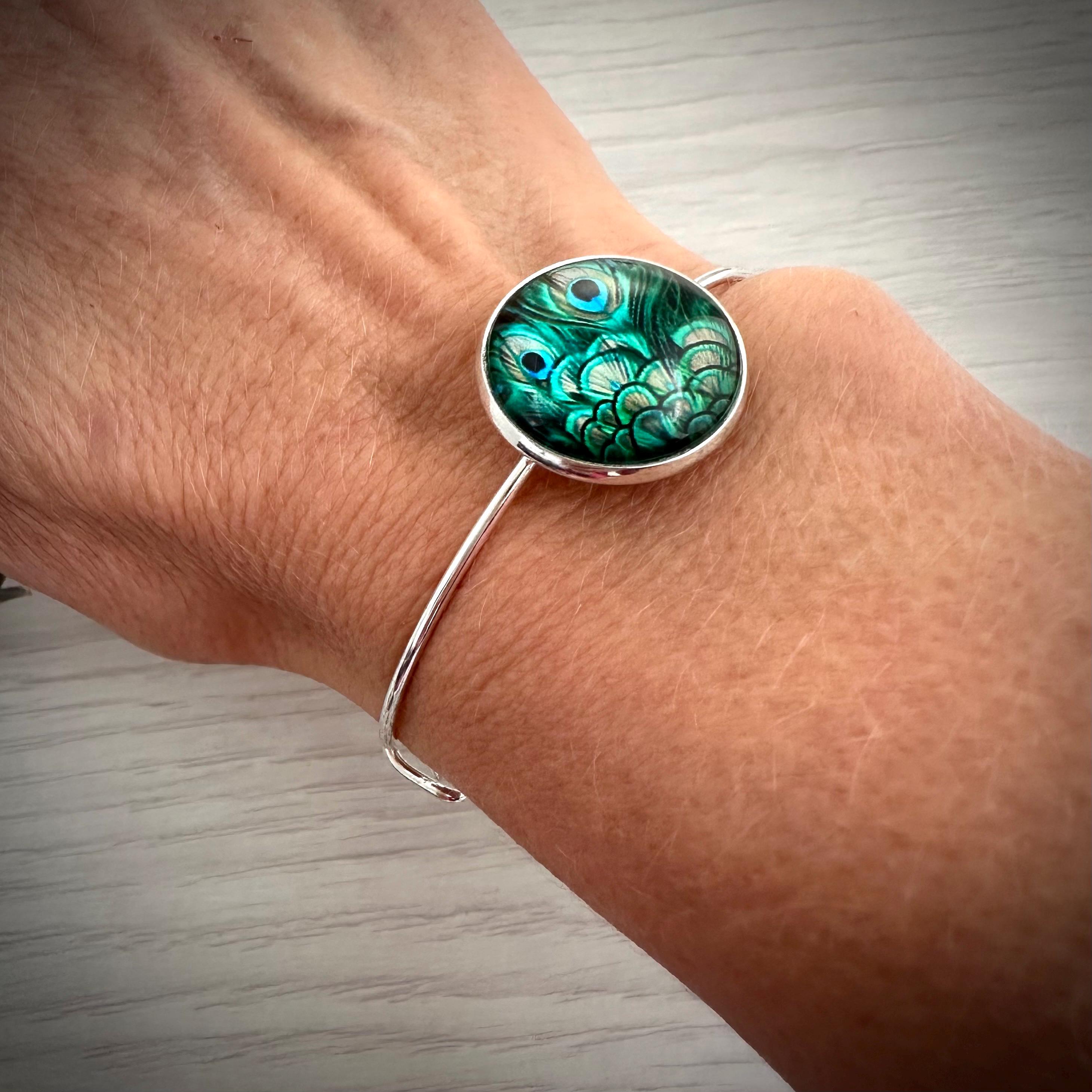 Peacock Feather Bangle, Emerald Green Bracelet, Decorative