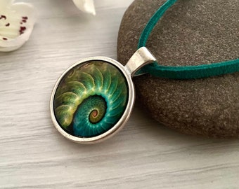 Emerald green pendant necklace with ammonite fossil detail, Necklaces for women in the UK, Cabochon jewellery, Big bold necklace, Gift idea