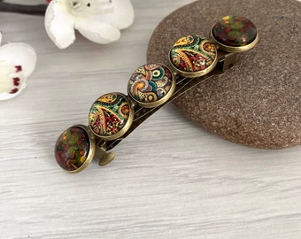 Paisley 70's inspired hair barrette in Autumn tones, Bronze hair clasp for women with fine hair, Strong hair grip for thin hair in the UK
