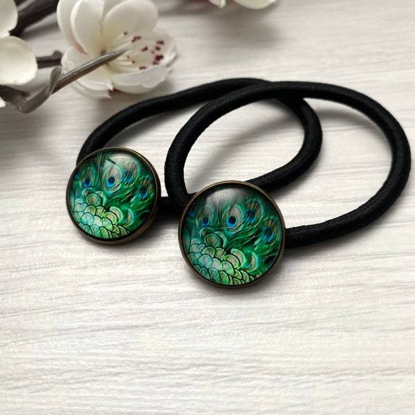 Peacock feather hair bobbles, Emerald green hair ties, No snag elastics, Office hair bands with cabochon detail, Ponytail holders