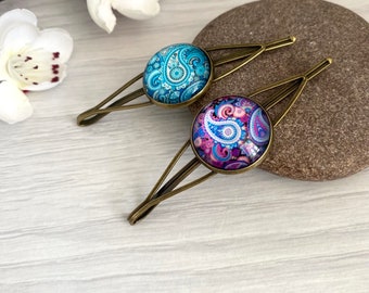 Paisley hair slides, Hair clips for women in the UK, Purple hair clip set, Retro boho bobby pin set, Hair grips for teens, Metal grip set