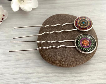 Mandala hair stick set, Decorative hair forks, Long hair bun pins, Mismatched bun prongs, Hair clips Britain, Kaleidoscope hairpin for women