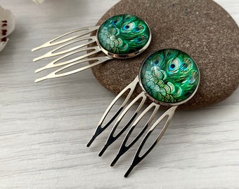Emerald green hair comb set, Small hair combs for thin hair, Peacock father hair slides, Hair forks for women in the UK