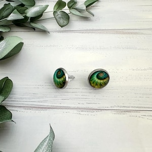 Ammonite fossil earrings, Emerald green studs, Small stud earrings for pierced ears, Cabochon jewellery, Fossil picture ear studs
