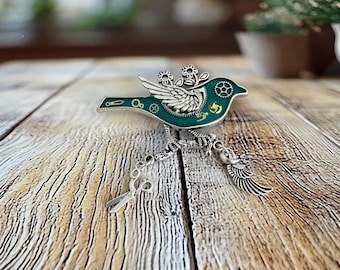 Green Steampunk Brooch, Jade Green lapel pin with cogs & Gears