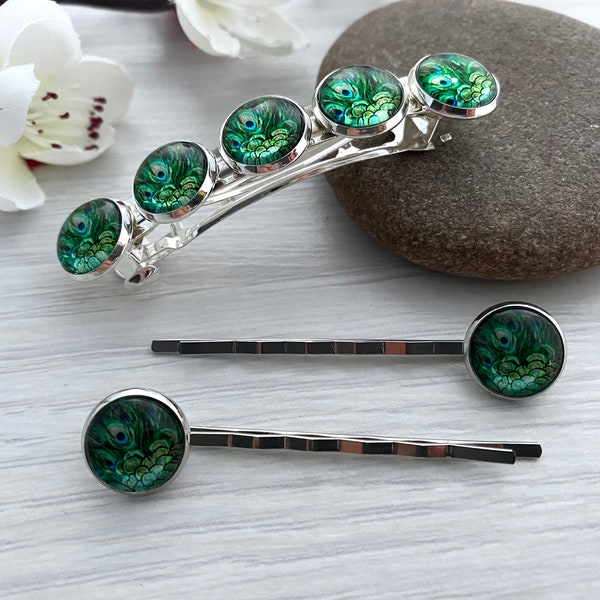 Peacock feather barrette, French hair bar for women with thin hair, Green hair clips, Hair slide set, Long hair accessories UK