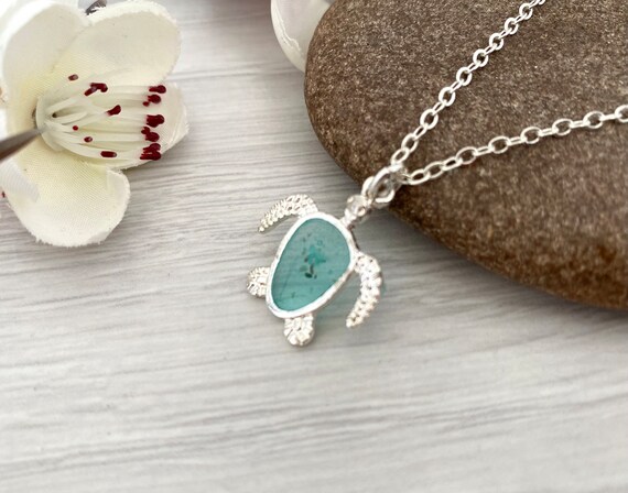 Sea Turtle Pendant Necklace With Scottish Beach Fragments Gift