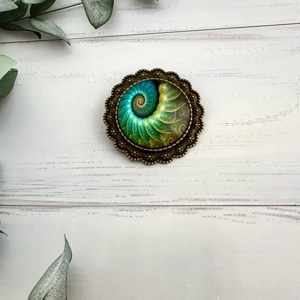Large emerald green fossil print brooch, Vintage style ammonite brooch for women in the UK