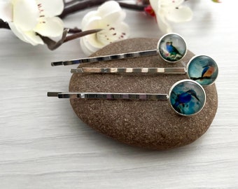 Small silver hair slides with bird pictures, Kingfisher hair grip, Hair clips for women in the UK, Bird themed gifts, Mismatched hair clips